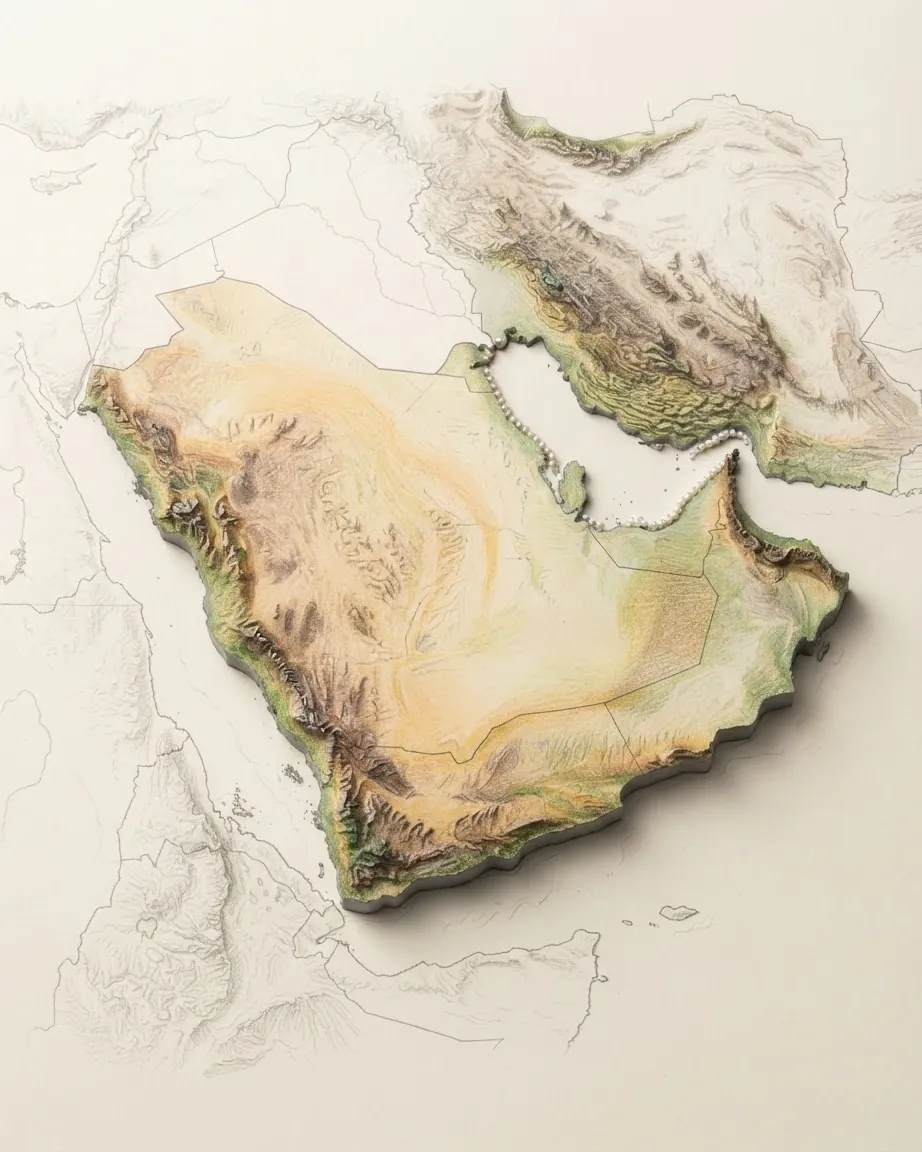 The Arabian Peninsula and the Gulf states drawn in graphite and coloured pencil as a raised cast relief in its natural colours, the surrounding land a faint uncoloured relief: the sand seas of Saudi Arabia, the Hejaz mountains along the Red Sea and the Hajar mountains of Oman in the east.