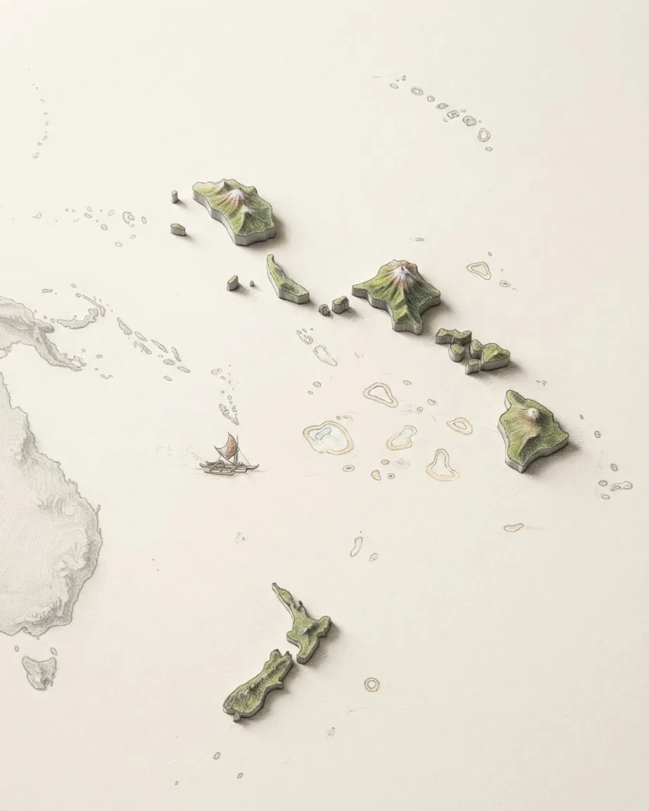 Polynesia drawn in graphite and coloured pencil as a raised cast relief in its natural colours, the surrounding land a faint uncoloured relief: small high green islands and pale atoll rings spread thinly across a very large ocean, with a double-hulled voyaging canoe between the island groups.