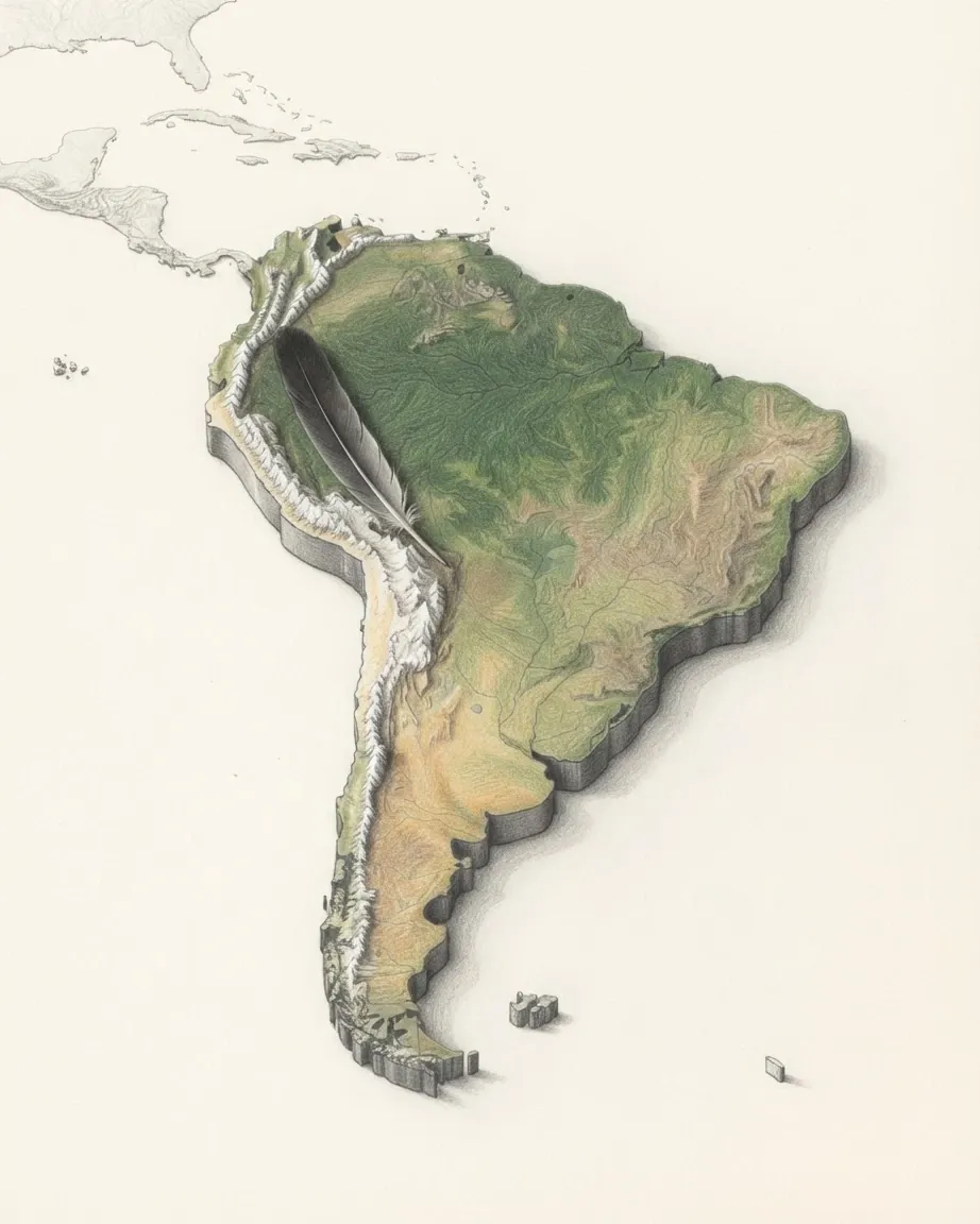 South America drawn in graphite and coloured pencil as a raised cast relief in its natural colours, the surrounding land a faint uncoloured relief: the white wall of the Andes down the west, the green Amazon basin, the pampas and Patagonia, and a long condor feather laid along the Andes.