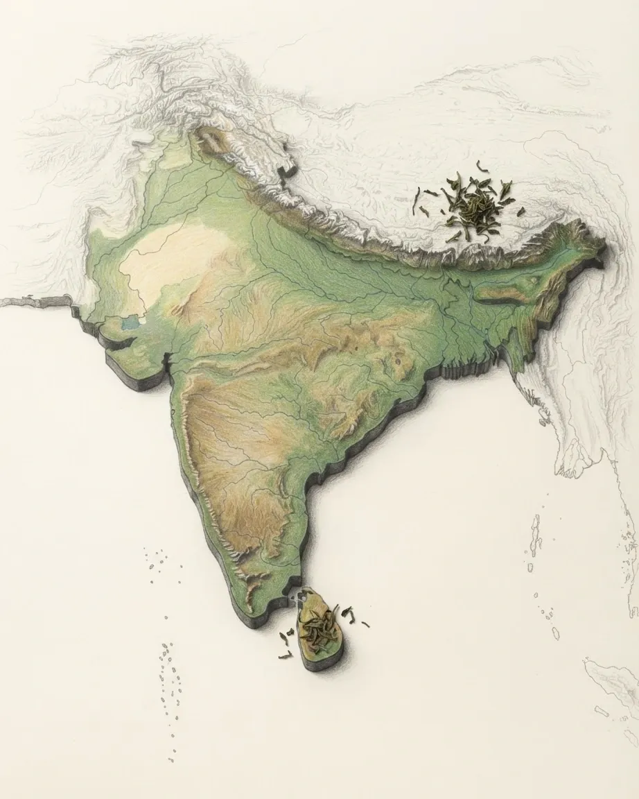 South Asia drawn in graphite and coloured pencil as a raised cast relief in its natural colours, the surrounding land a faint uncoloured relief: the white Himalaya across the north, the green Ganges plain, the Deccan plateau and Sri Lanka off the southern tip, with a scatter of tea leaves in the north-east.