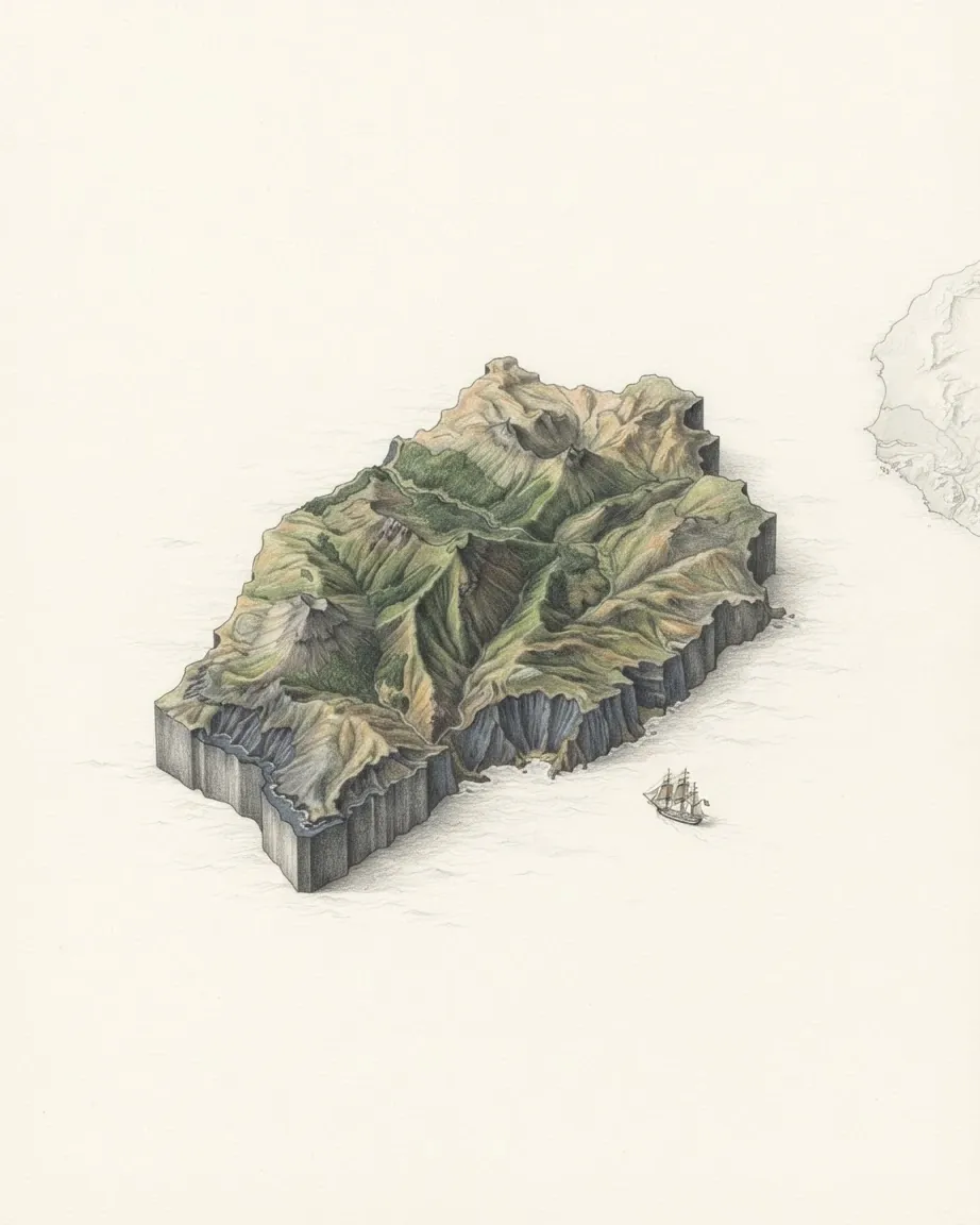 Saint Helena drawn in graphite and coloured pencil as a raised cast relief in its natural colours, the surrounding land a faint uncoloured relief: a small steep volcanic island with dark cliffs and green valleys, alone in the ocean, with a three-masted sailing ship approaching it.