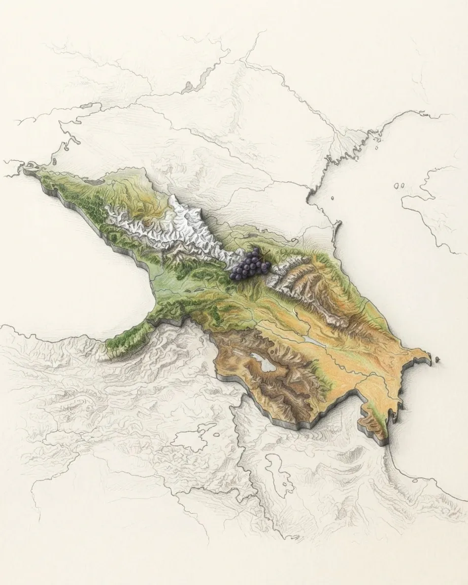 The South Caucasus drawn in graphite and coloured pencil as a raised cast relief in its natural colours, the surrounding land a faint uncoloured relief: the white ridge of the Greater Caucasus along the north, the green lowland on the Black Sea, the Kura valley and the high Armenian plateau, with a bunch of dark grapes.