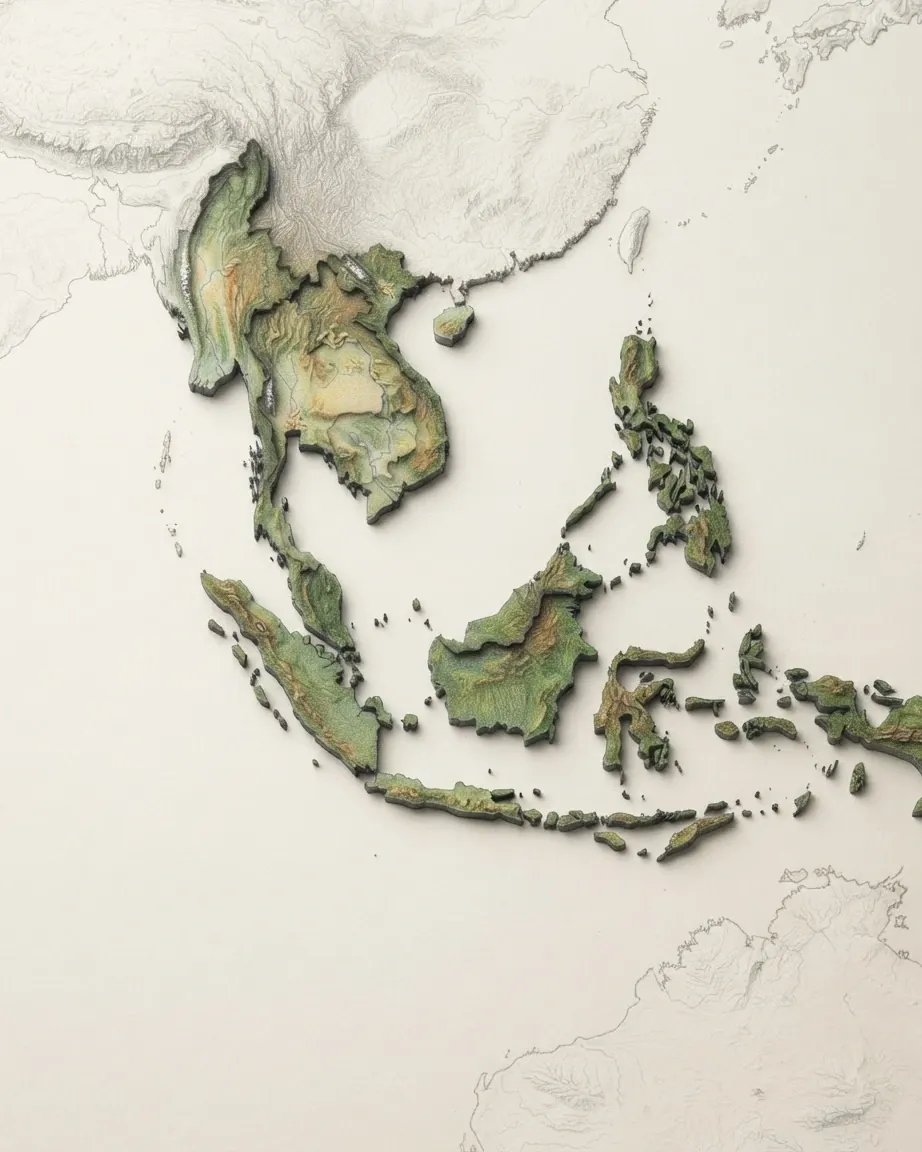 Southeast Asia drawn in graphite and coloured pencil as a raised cast relief in its natural colours, the surrounding land a faint uncoloured relief: the Indochinese peninsula and the Malay peninsula, the large islands of Sumatra, Java and Borneo, and the Philippines to the north-east, all in deep green.