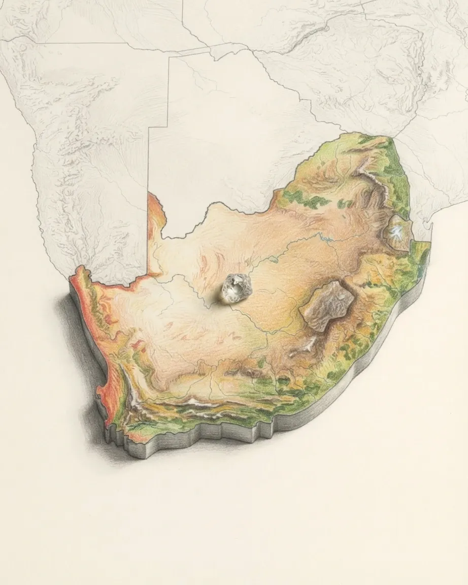 Southern Africa drawn in graphite and coloured pencil as a raised cast relief in its natural colours, the surrounding land a faint uncoloured relief: the red Namib dunes along the Atlantic, the tawny Kalahari basin, the Drakensberg with Lesotho inside it, and a rough uncut diamond on the Kalahari.