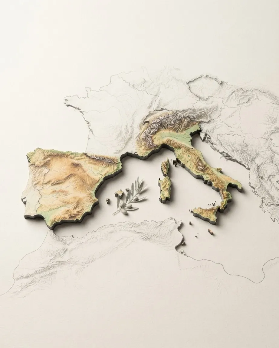 Southern Europe drawn in graphite and coloured pencil as a raised cast relief in its natural colours, the surrounding land a faint uncoloured relief: the Iberian Peninsula and the boot of Italy with Sicily and Sardinia, and a small olive branch lying on the Mediterranean between them.