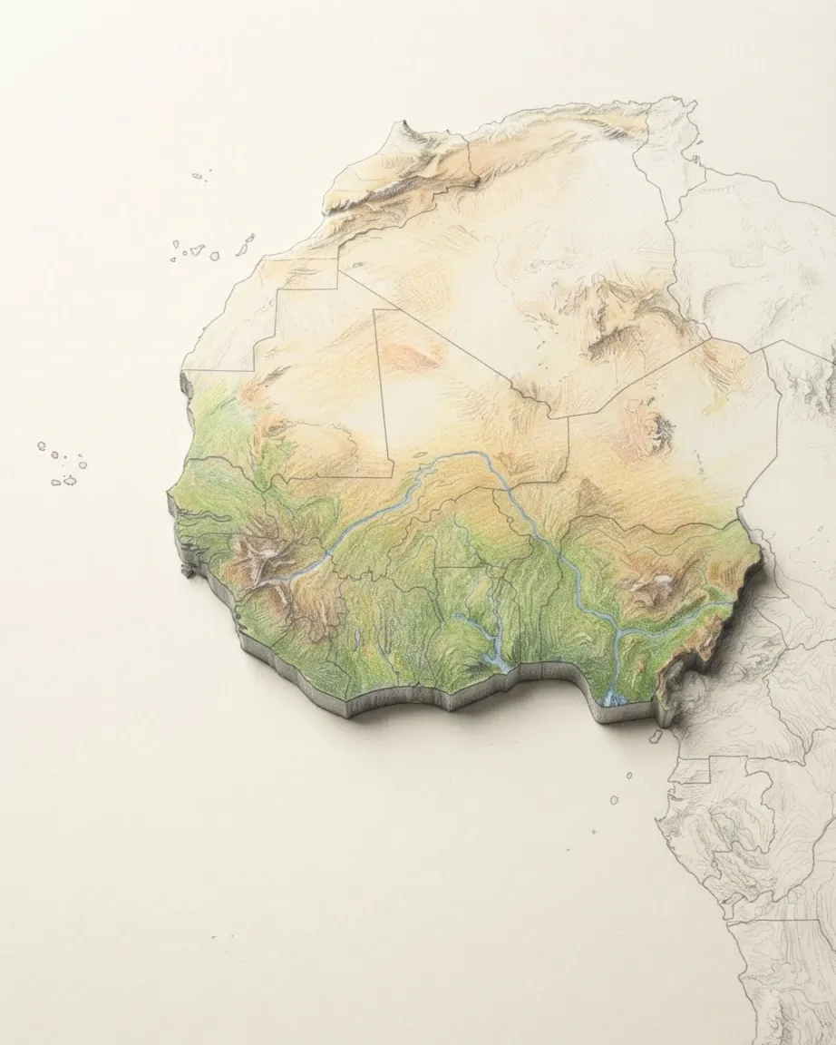 West Africa drawn in graphite and coloured pencil as a raised cast relief in its natural colours, the surrounding land a faint uncoloured relief: the pale Sahara across the north, the tawny band of the Sahel, green savanna and forest along the Gulf of Guinea, and the Niger River bending through the middle.