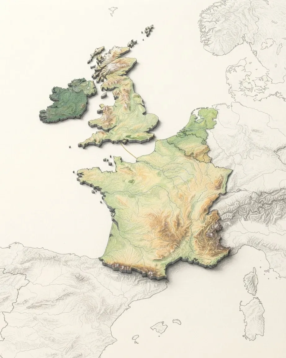 Western Europe drawn in graphite and coloured pencil as a raised cast relief in its natural colours, the surrounding land a faint uncoloured relief: France with the Massif Central and the Alps on its eastern edge, the low Benelux countries, Great Britain and Ireland in green across the Channel.