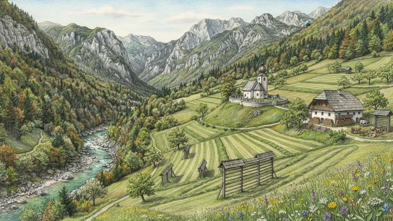 A coloured pencil drawing of an Alpine valley in Slovenia: a white church on a knoll, a farmhouse with a steep roof, wooden hayracks standing in striped meadows and a green river below limestone peaks.