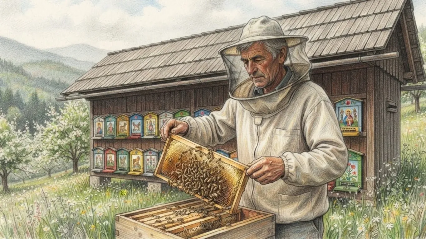 A coloured pencil drawing of a beekeeper in a veil lifting a honeycomb frame beside a wooden bee house whose hive fronts are painted with small pictures.