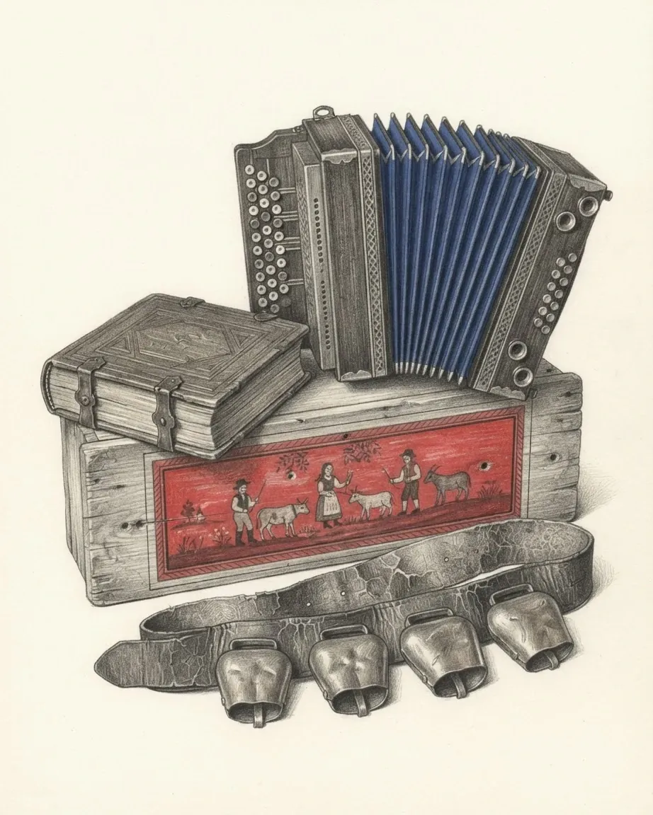 A graphite still life: a button accordion with blue bellows on a wooden chest painted in red with a village scene, an old clasped book and a leather strap hung with cowbells.