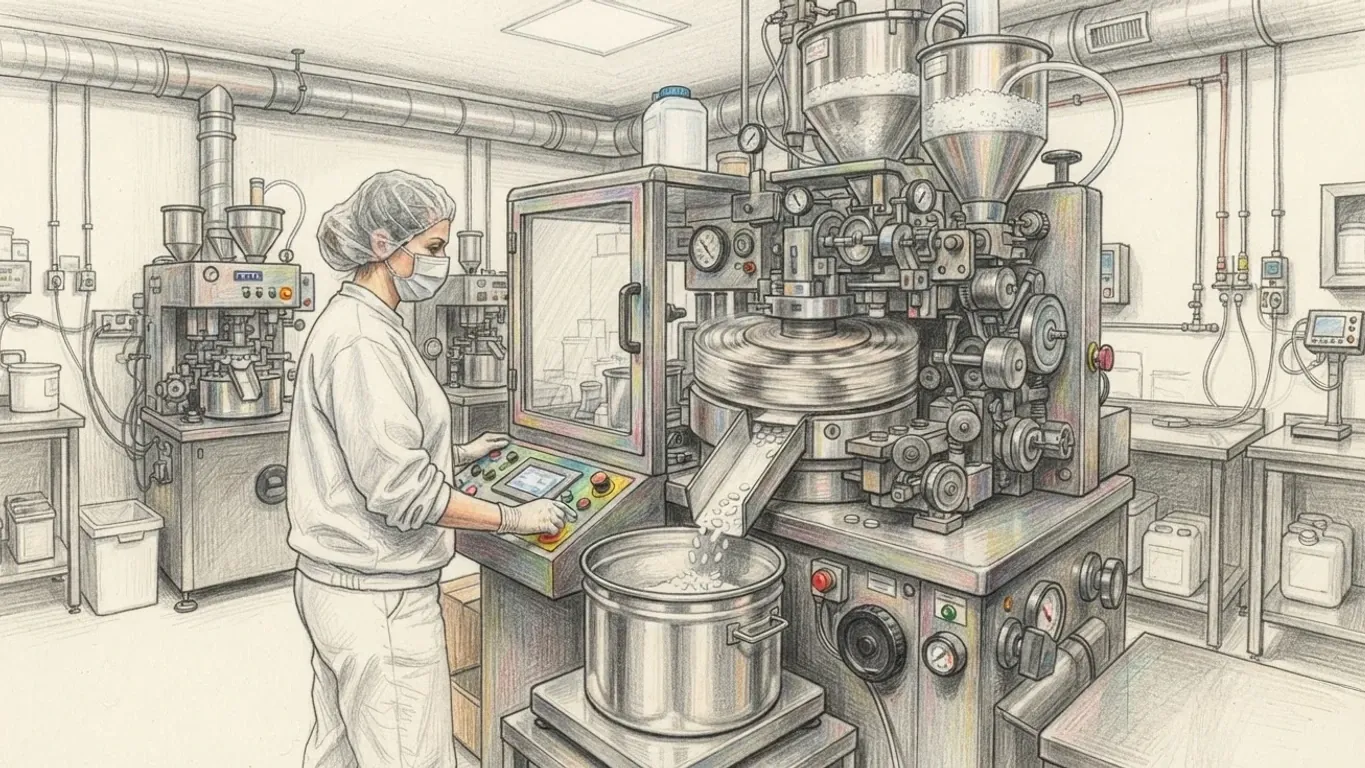 A coloured pencil drawing of a worker in white overalls and a hairnet at the control panel of a tablet press in a pharmaceutical plant.