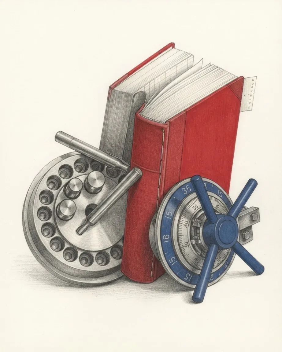 A graphite still life: a red bound ledger standing against a round steel pill-press die and a safe door with a blue dial and spoked handle.