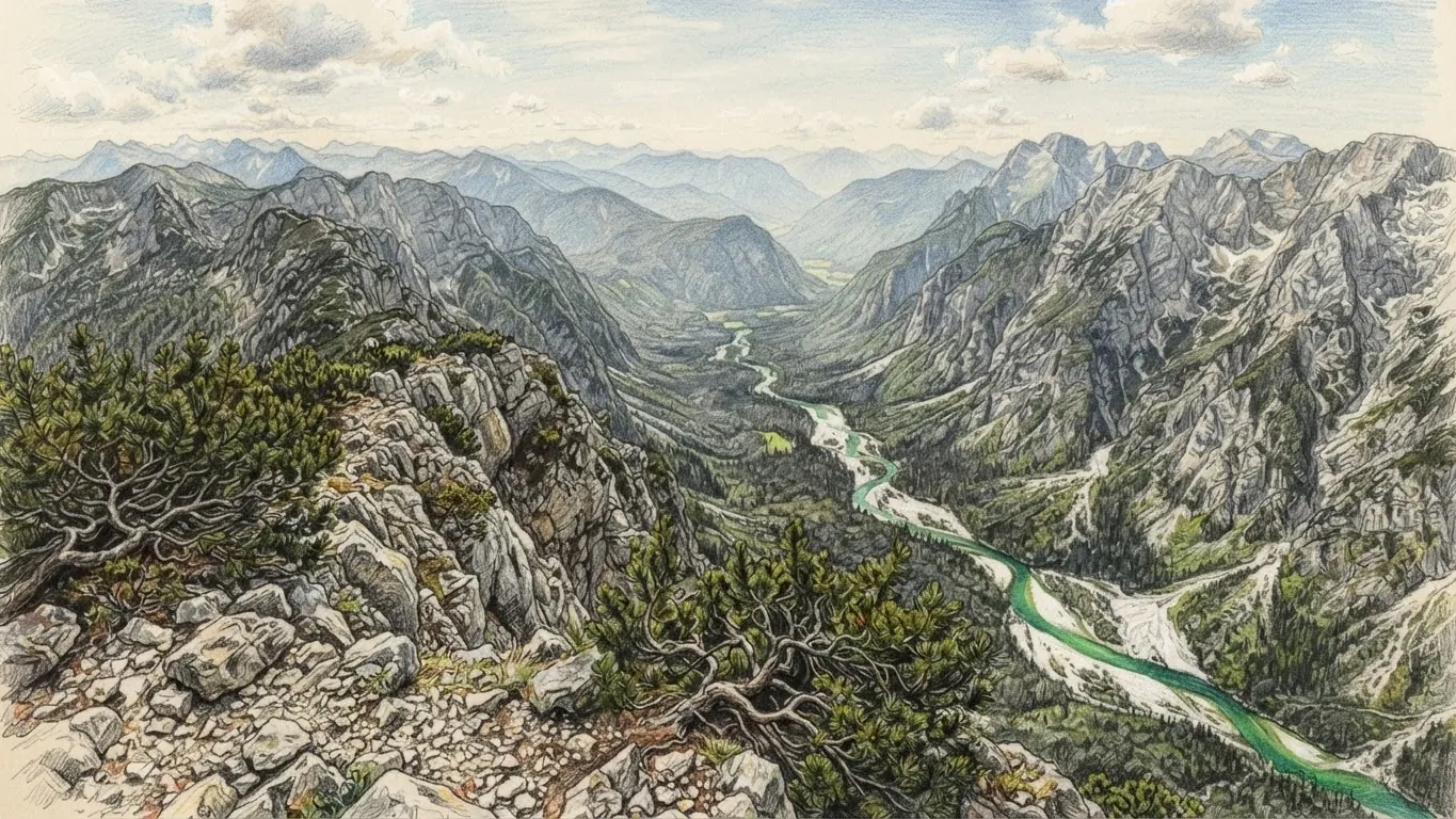 A coloured pencil drawing from a rocky ridge of dwarf pine down a deep glacial valley between limestone mountains, a turquoise river winding along its floor.