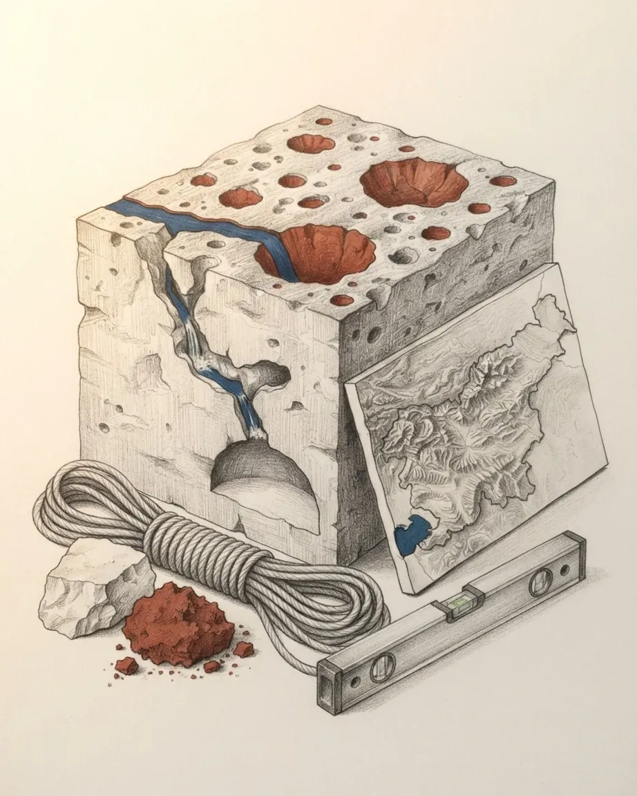 A graphite drawing of a block of karst limestone pitted with red-lined sinkholes and cut by a blue underground stream, beside a relief map of Slovenia, a coil of rope, a spirit level and lumps of red earth.