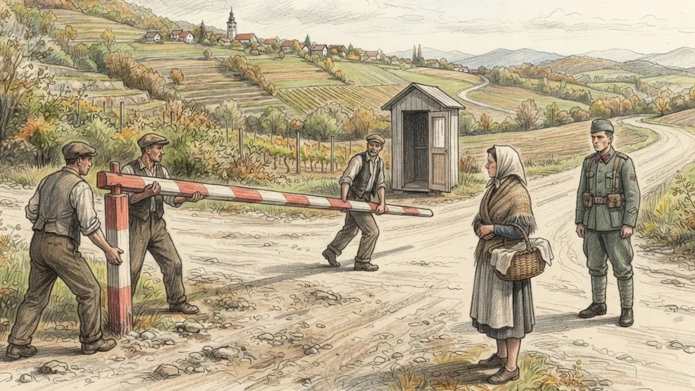 A coloured pencil drawing of a country road on a new border: two workmen set up a striped barrier beside a sentry box while a woman with a basket stands before a soldier, vineyards and a hill village behind.