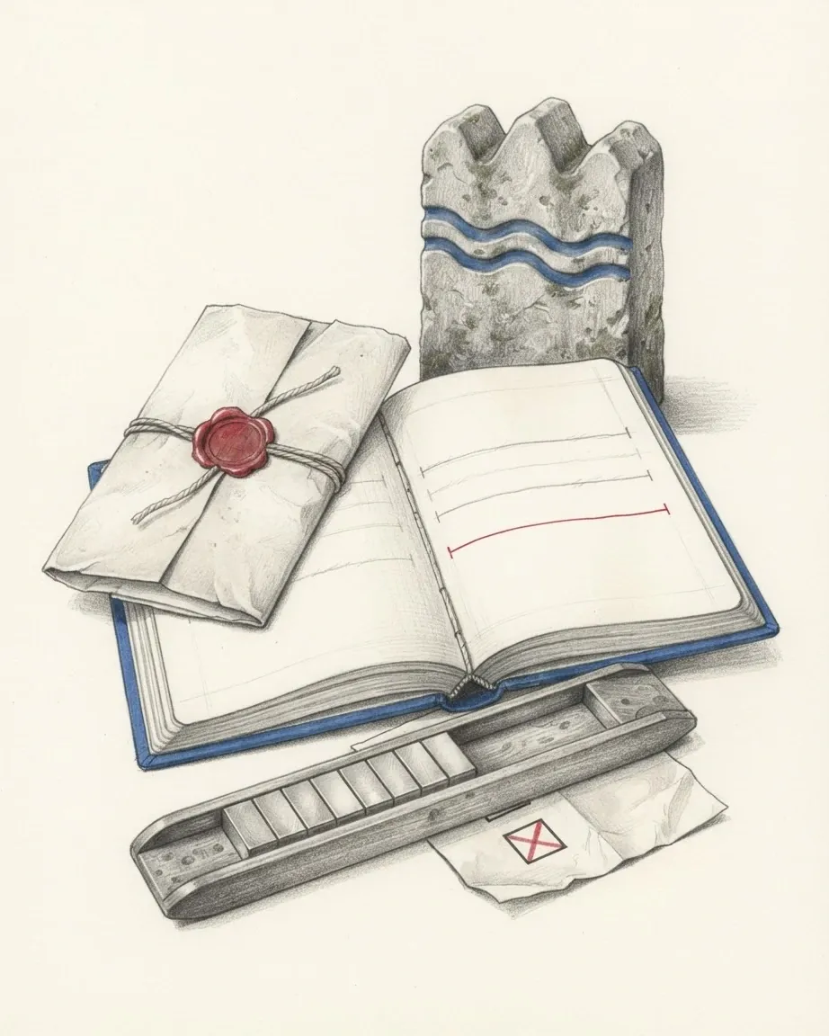 A graphite still life: an open surveyor's notebook with blue boards and a red line, a document sealed with red wax, a boundary stone with three peaks and blue wavy grooves, a composing stick and a voting slip marked in red.