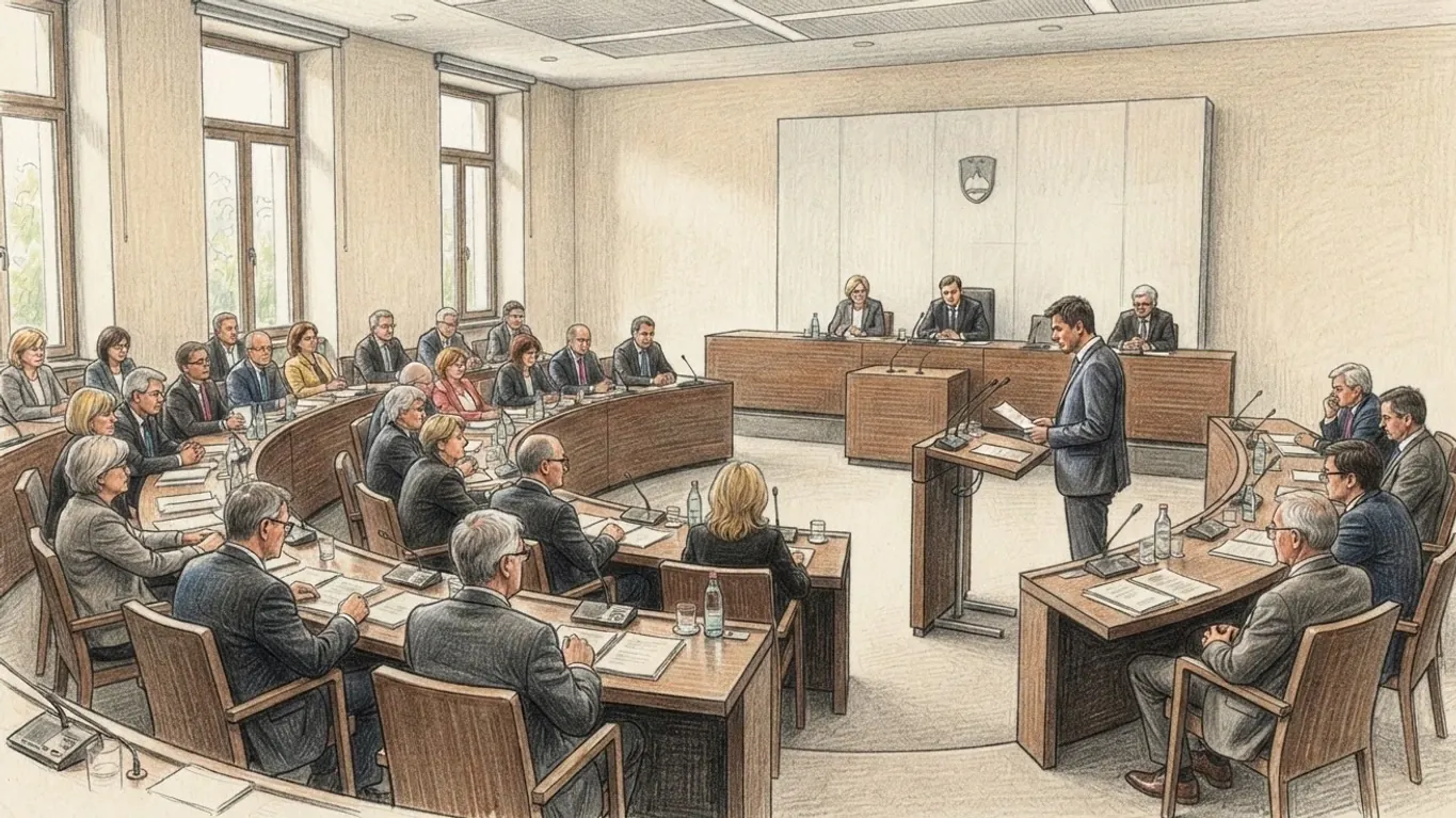 A coloured pencil drawing of a parliamentary chamber: members seated along curved wooden desks while one speaks at the lectern before the presiding table.