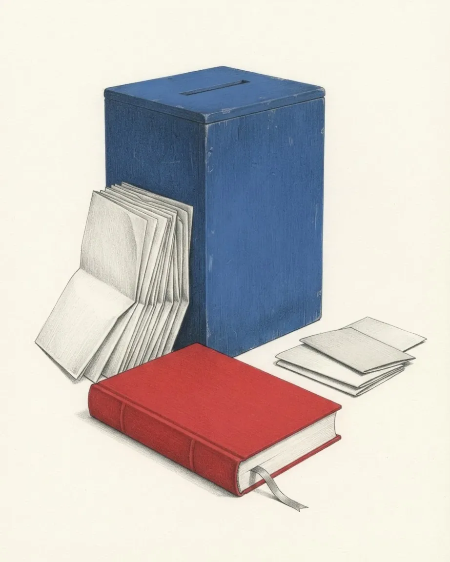 A graphite still life: a blue ballot box with a slot in its lid, a red bound book with a ribbon marker and stacks of folded ballot papers.