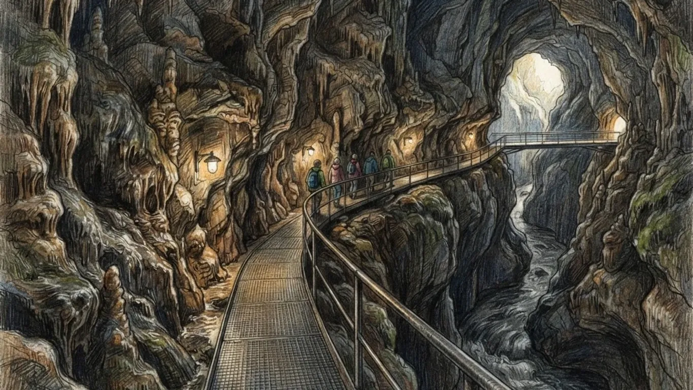 A coloured pencil drawing of visitors on a railed walkway deep inside a limestone cave, lamps lighting the stalactites above an underground river.