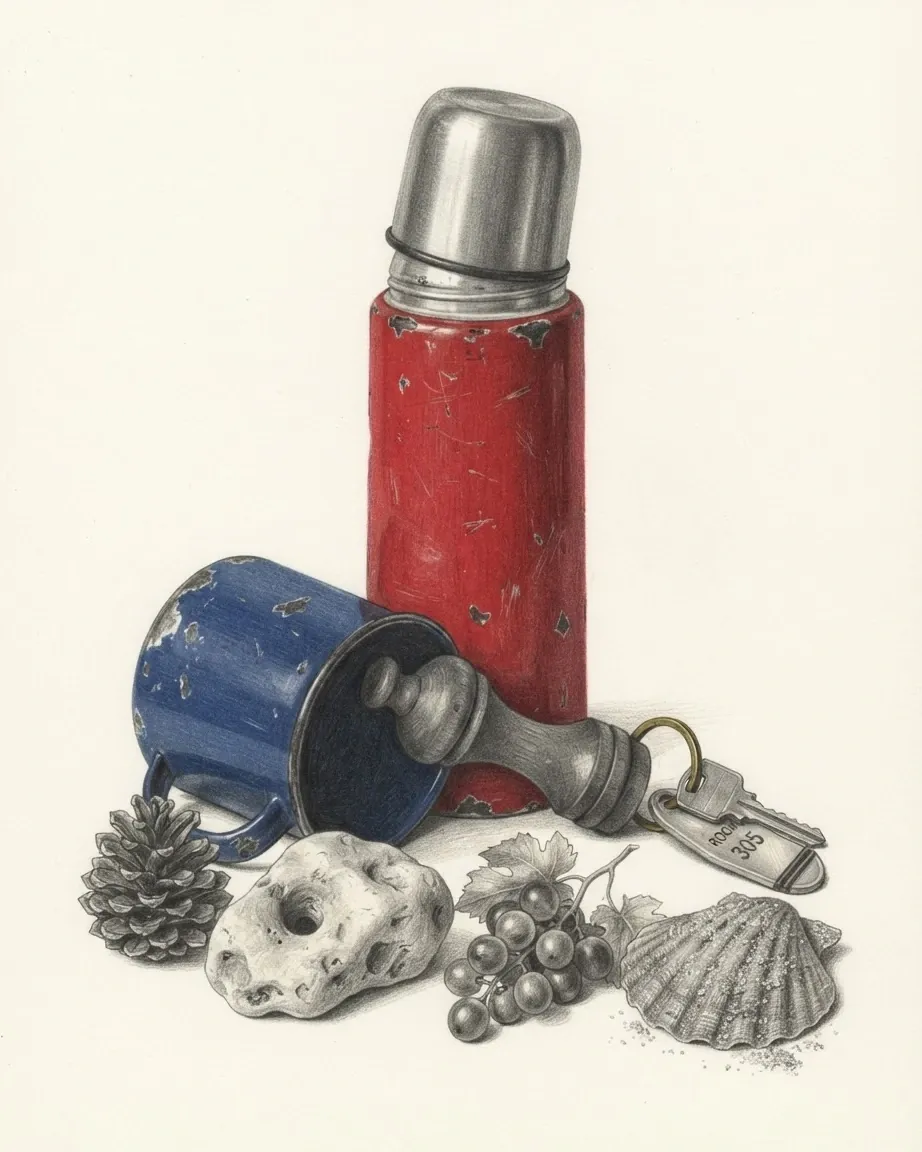 A graphite still life: a red vacuum flask, a blue enamel mug on its side, a pine cone, a holed stone, grapes, a scallop shell and a key on a ring.