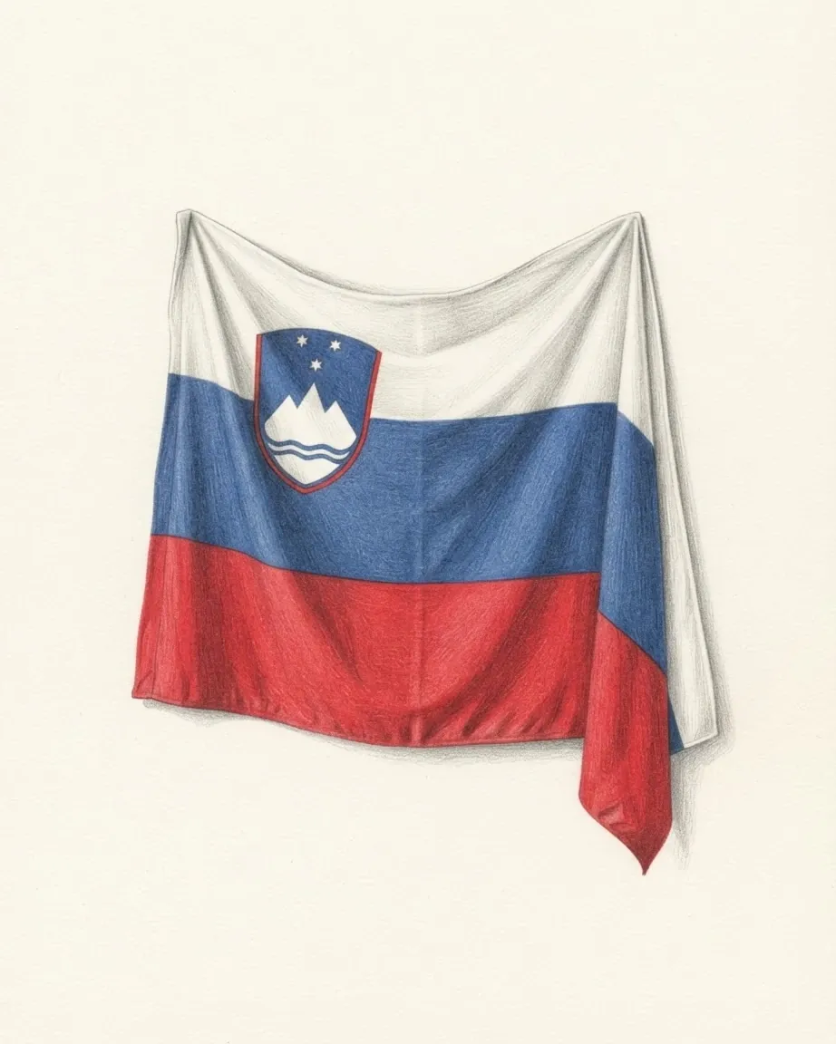The flag of Slovenia drawn as a hanging cloth in graphite and coloured pencil, its white, blue and red bands falling in folds, the shield with three peaks near the hoist.