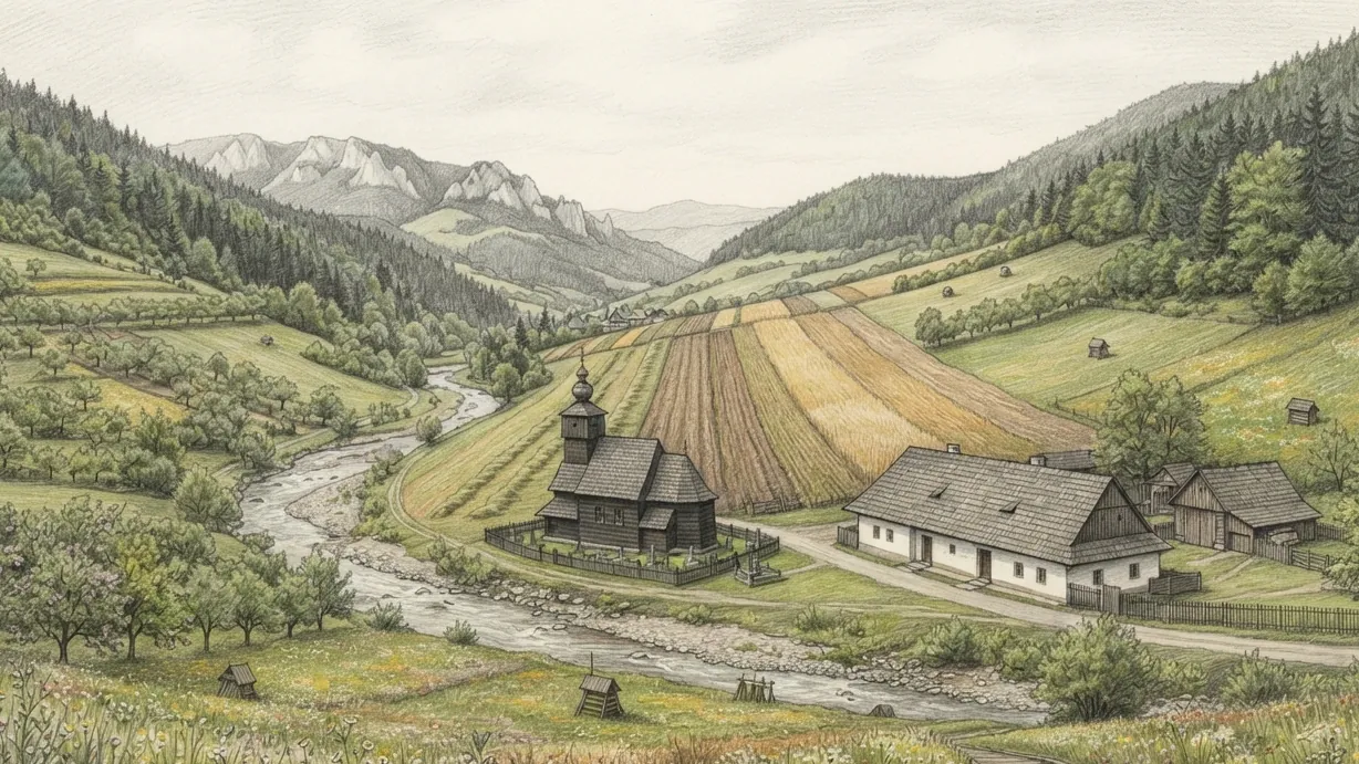 A Slovak valley in coloured pencil over graphite, seen from a slope. Long narrow strip fields run straight up the far hillside one behind another, each a different crop, so the slope reads as parallel bands of cut hay, stubble and ploughed ground. A shallow river runs over gravel down the middle with orchards on the near bank and hay racks standing in a flowering meadow. A dark tarred wooden church with a shingled roof and a small onion cupola stands inside a low fence beside the road, and across from it a whitewashed farmhouse under a steep shingled roof with its timber barn and fenced yard. Wooded ridges of spruce close the valley and bare limestone crags stand on the far skyline.