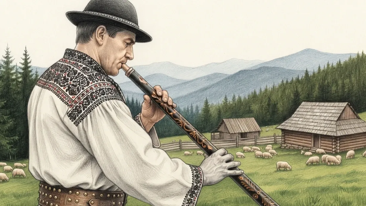 A shepherd playing a fujara on upland pasture, drawn in coloured pencil over graphite. He stands at three-quarter length and off centre, turned away, the very long overtone flute held out and down with its lower end running out of the bottom of the frame and its tube dark with burnt ornament. He wears a coarse white linen shirt with dense black and red embroidery across the shoulders and cuffs, a wide brass-studded leather belt and a narrow-brimmed felt hat. Behind him sheep graze the green pasture beside a timber fold and a log hut with a shingled roof, spruce forest closes both sides and blue-grey ridges recede beyond.