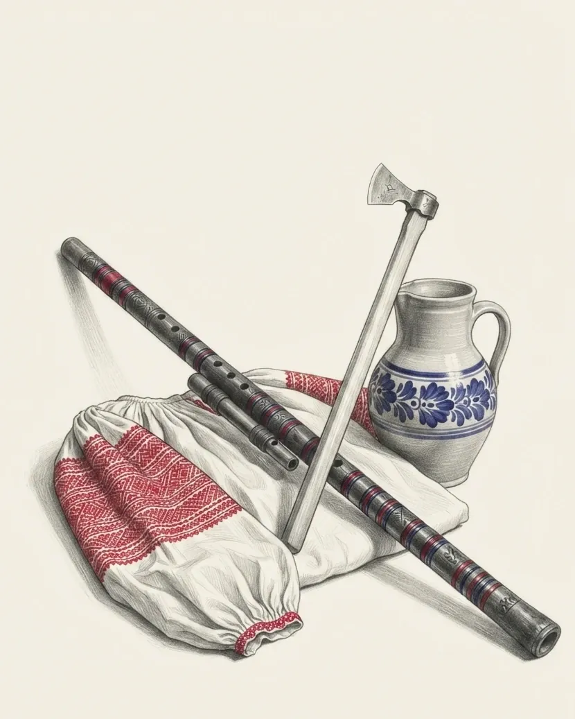 A fujara, an embroidered linen sleeve, a carved shepherd's axe and a painted earthenware jug set down together and drawn in graphite, the embroidery in red and the jug's floral ornament in blue.