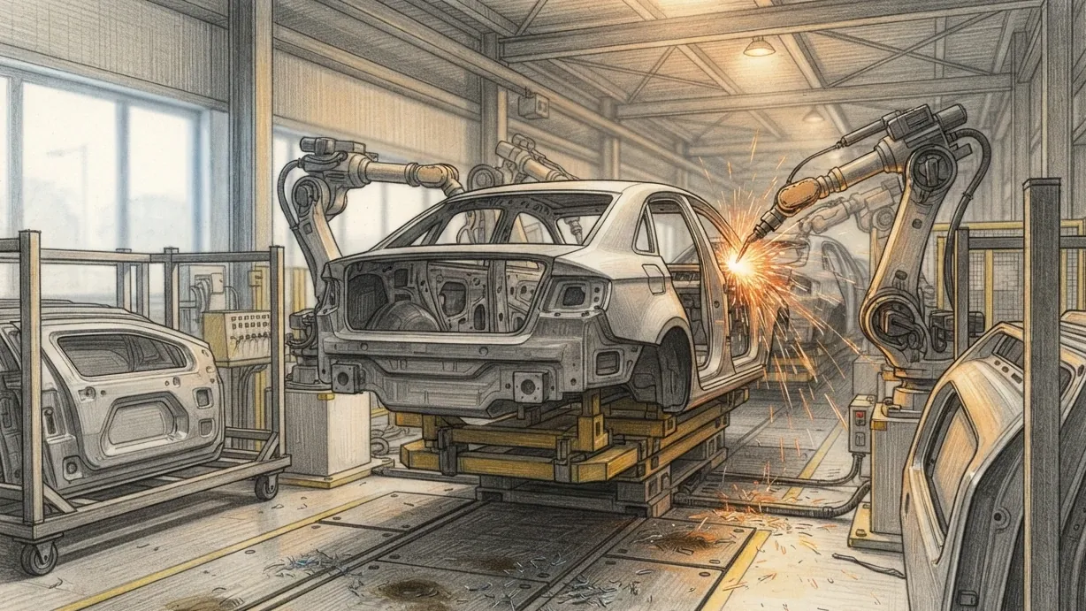 A car body shell on the line in an assembly hall, drawn in coloured pencil over graphite and seen from beside the line rather than across the shop. The shell is held on a yellow carrier at chest height with its door apertures still open, robot welding arms reach into it from both sides and one throws a shower of sparks off a seam. Pressed panels for the next shells stand in steel racks on either side, the floor plates are marked and stained, and the line runs away into the depth of the building under overhead lights.