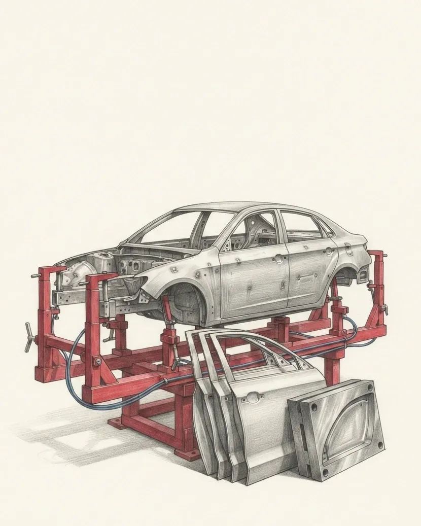 An unpainted pressed-steel car body shell clamped on a red assembly jig with blue hydraulic lines, drawn in graphite, with freshly pressed door panels stacked against it and a stamping die block beside them.