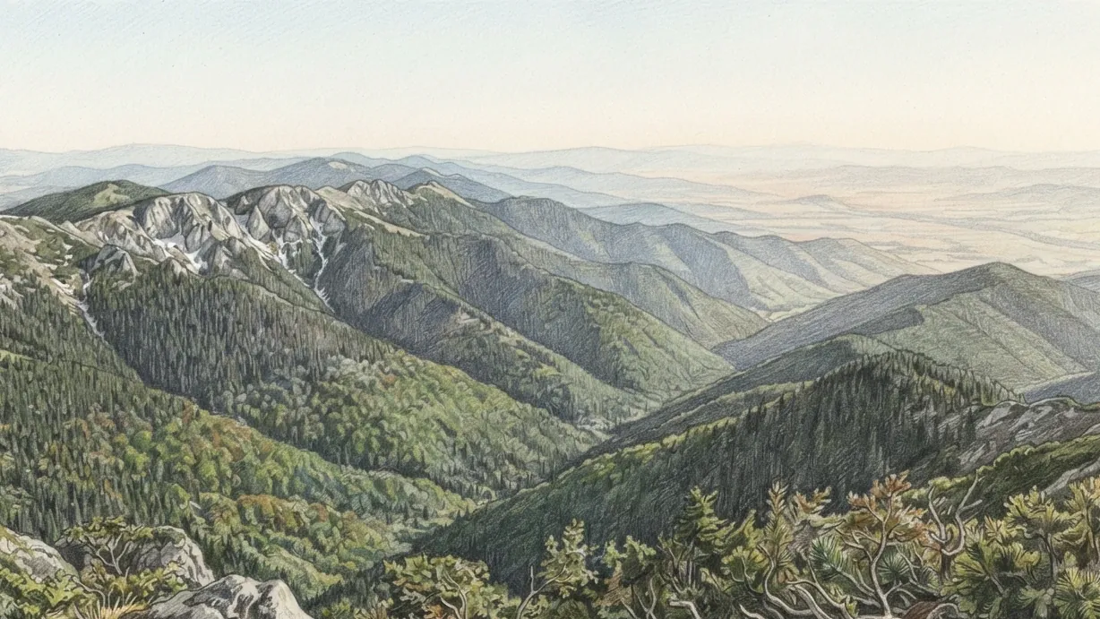 The Carpathian ranges seen from a high bare ridge, drawn in coloured pencil over graphite. Folded lines of mountain run away east to west with deep forested valleys between them, the belts of broadleaf and then spruce changing with height on every flank, bare limestone crags breaking the nearest crest with old snow still in their north-facing gullies. Dwarf pine and rock fill the foreground, and far beyond the last ridge the ground falls away and flattens into the haze of a great river plain. Nothing built appears anywhere in the picture.