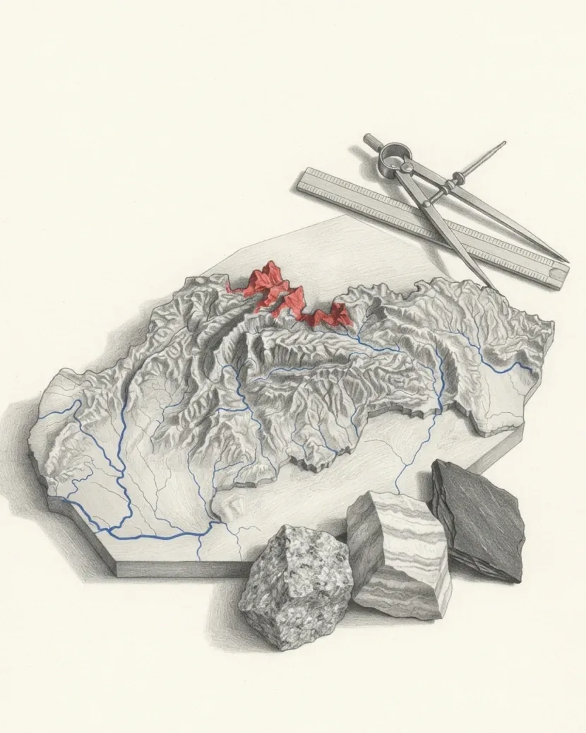 A cast relief model of Slovakia drawn in graphite, its rivers picked out in blue as a branching network running south and west, one short block of high peaks in the north-centre in red, with dividers, a folding rule and three rock specimens set beside it.