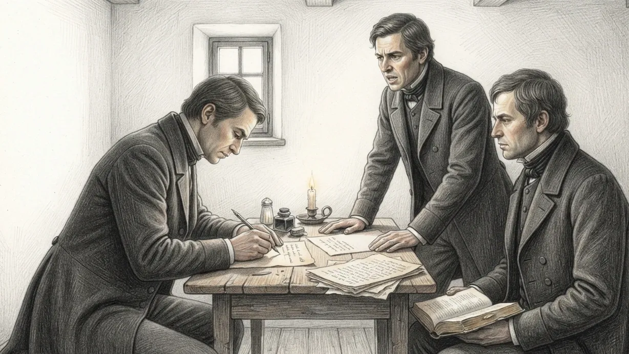 Three men in the dark coats and high collars of the 1840s around a small table in a plain whitewashed upper room, drawn in coloured pencil over graphite. One is seated and writing with a steel pen, leaning over a sheet; one stands with a hand flat on the table, speaking; the third sits with a book open on his knee, listening. An inkwell, a sand shaker, a lit candle and loose sheets covered in handwriting lie between them, and the light of one small window falls across the writing hand.