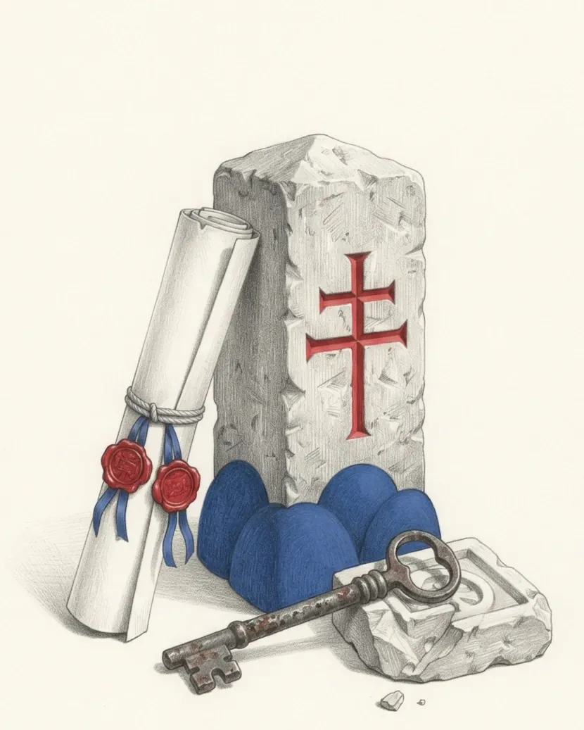 A carved stone boundary marker drawn in graphite, three of its faces planed back to bare tool marks and the fourth carrying a freshly cut double cross in red standing on three blue mounds, with a sealed parchment, an iron key and a broken older fragment set around it.