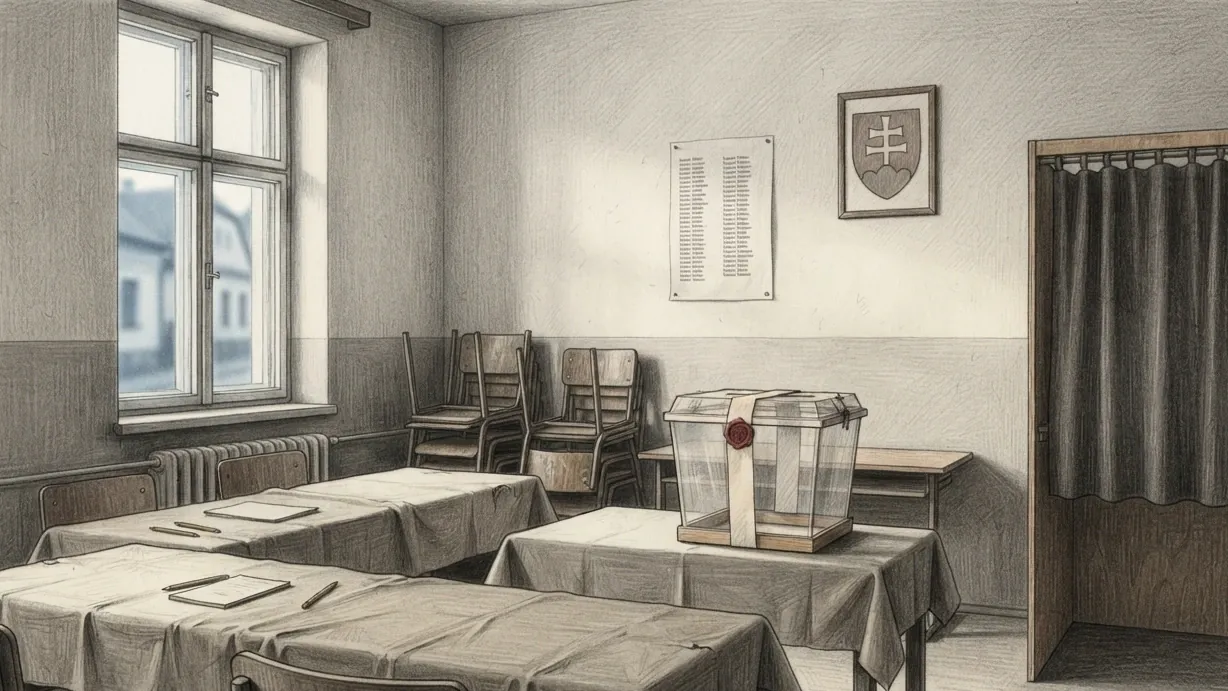 The main room of a village culture house set up for an election, drawn in coloured pencil over graphite and seen from seated height. School desks are pushed together under cloths with paper and pens laid out on them, and a clear ballot box stands on a further table wrapped in a paper band with a red wax seal across its lid. A plywood booth with a dark curtain stands to the right, a list of names is pinned to the wall beside the framed national emblem, spare chairs are stacked in the corner, and a tall window on the left looks out onto the village street.