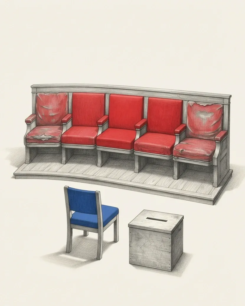 A single unbroken row of five red parliamentary seats drawn in graphite, some of the upholstery worn thin, with one small plain blue chair set apart on the floor facing them and a scuffed wooden ballot box beside it.