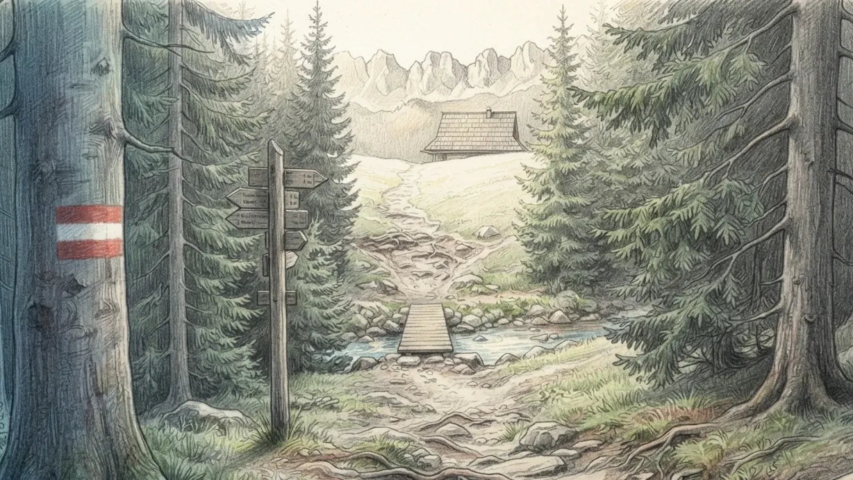 A waymarked path climbing out of a spruce forest, drawn in coloured pencil over graphite and looked along rather than across. A red and white painted stripe marks the trunk in the left foreground and a wooden fingerpost with several arms stands at the junction beside it. The path runs over roots and stone to a plank footbridge across a stream, then on up through the trees to a shingled mountain hut standing in open grass, with a line of bare rock peaks on the skyline beyond it.