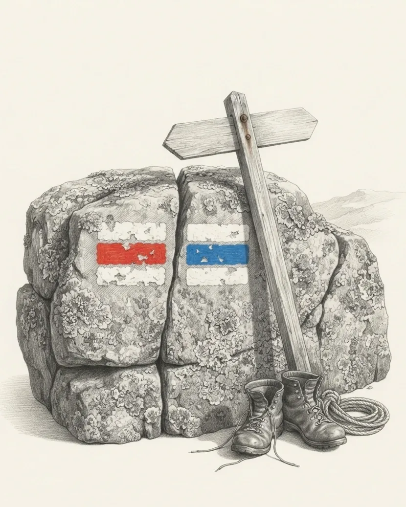 A weathered granite outcrop drawn in graphite, carrying two painted trail waymarks side by side, one red and one blue, with a blank wooden signpost leaning against it and a pair of worn walking boots and a coiled rope at its foot.