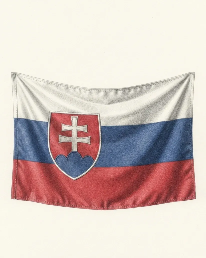 The flag of Slovakia drawn as a hanging cloth in graphite, its white, blue and red bands falling in soft folds, the shield with its silver double cross on three blue mounds raised in stitched relief toward the hoist.