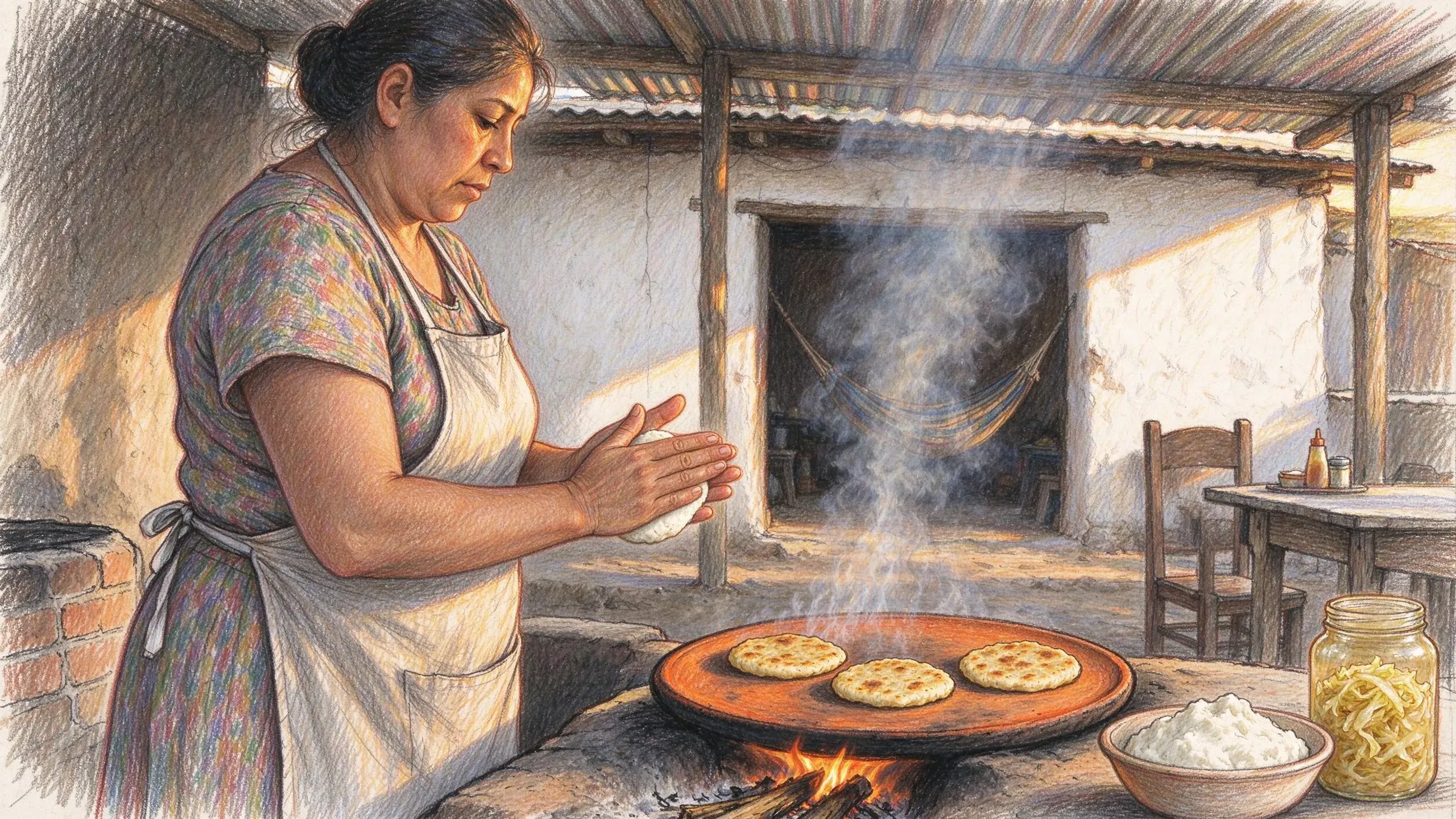 Coloured pencil drawing of a woman in a printed cotton dress and a bib apron patting a ball of maize dough between her palms at a roadside pupusería, three pupusas cooking on a clay comal over a wood fire, a bowl of dough and a jar of pickled cabbage beside it, under a tin roof with a hammock and a table in the shade behind.