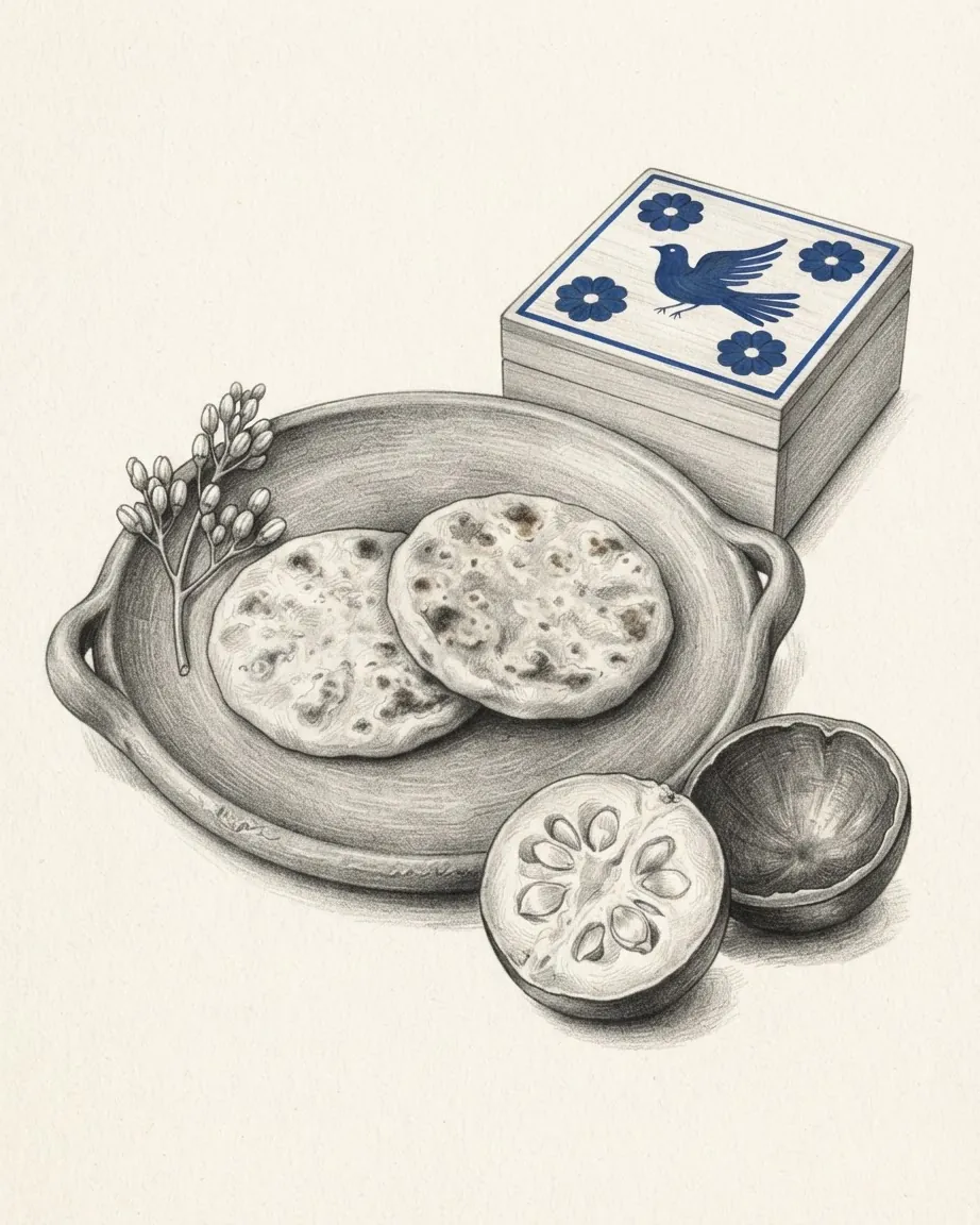 Pencil drawing of two blistered pupusas on a round clay comal with a sprig of loroco buds at its rim, a morro fruit cut in half showing its pale pulp and flat seeds, and a small wooden box whose lid is painted with a blue bird among four blue flowers.