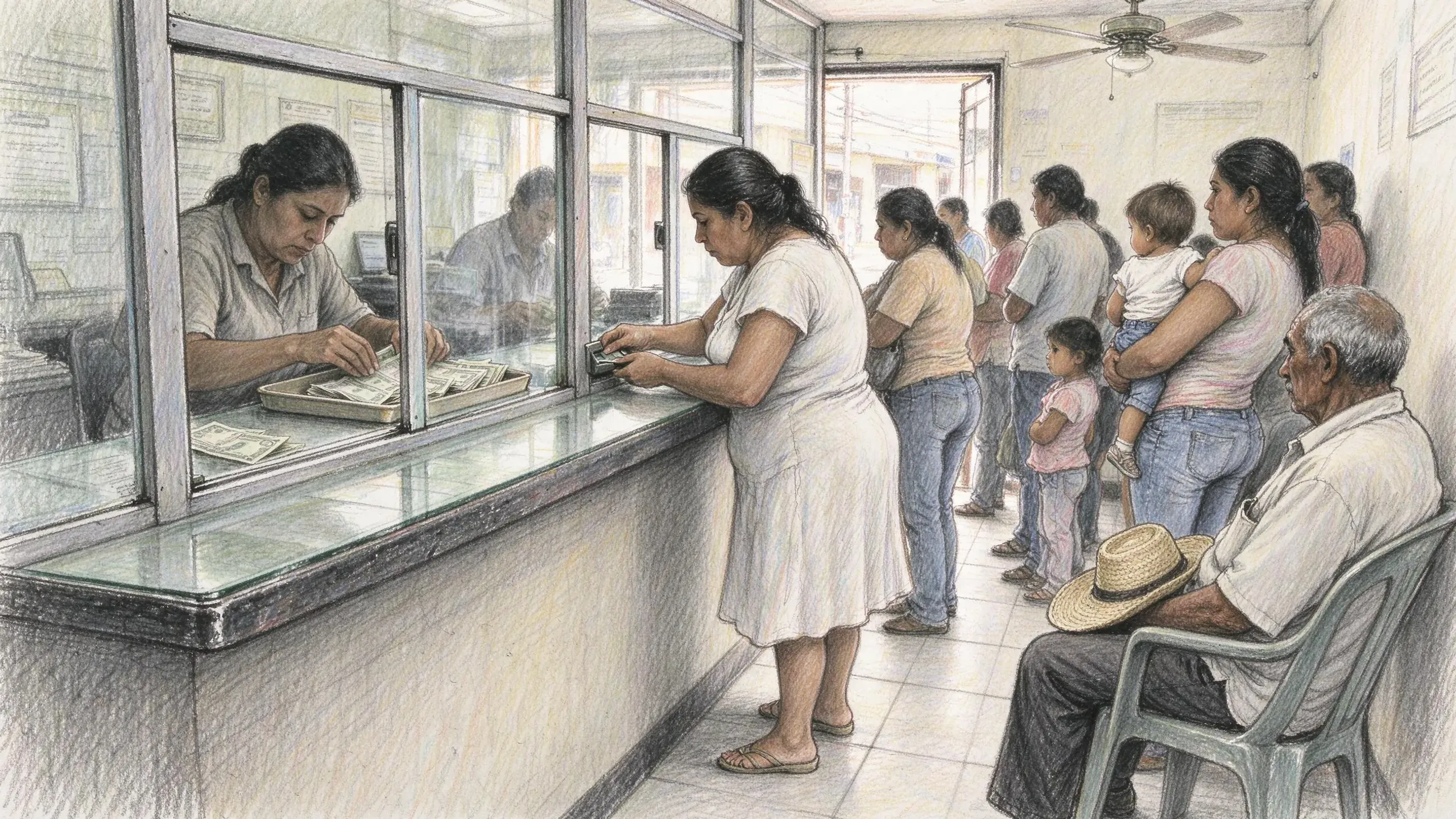 Coloured pencil drawing of a money transfer office: a woman in a cotton dress and sandals leaning to a slot in the glass while the clerk behind it counts dollar banknotes onto a tray, a queue of women, children and men waiting along the wall and an older man with a straw hat on his knee seated in a plastic chair, the street door open behind them.