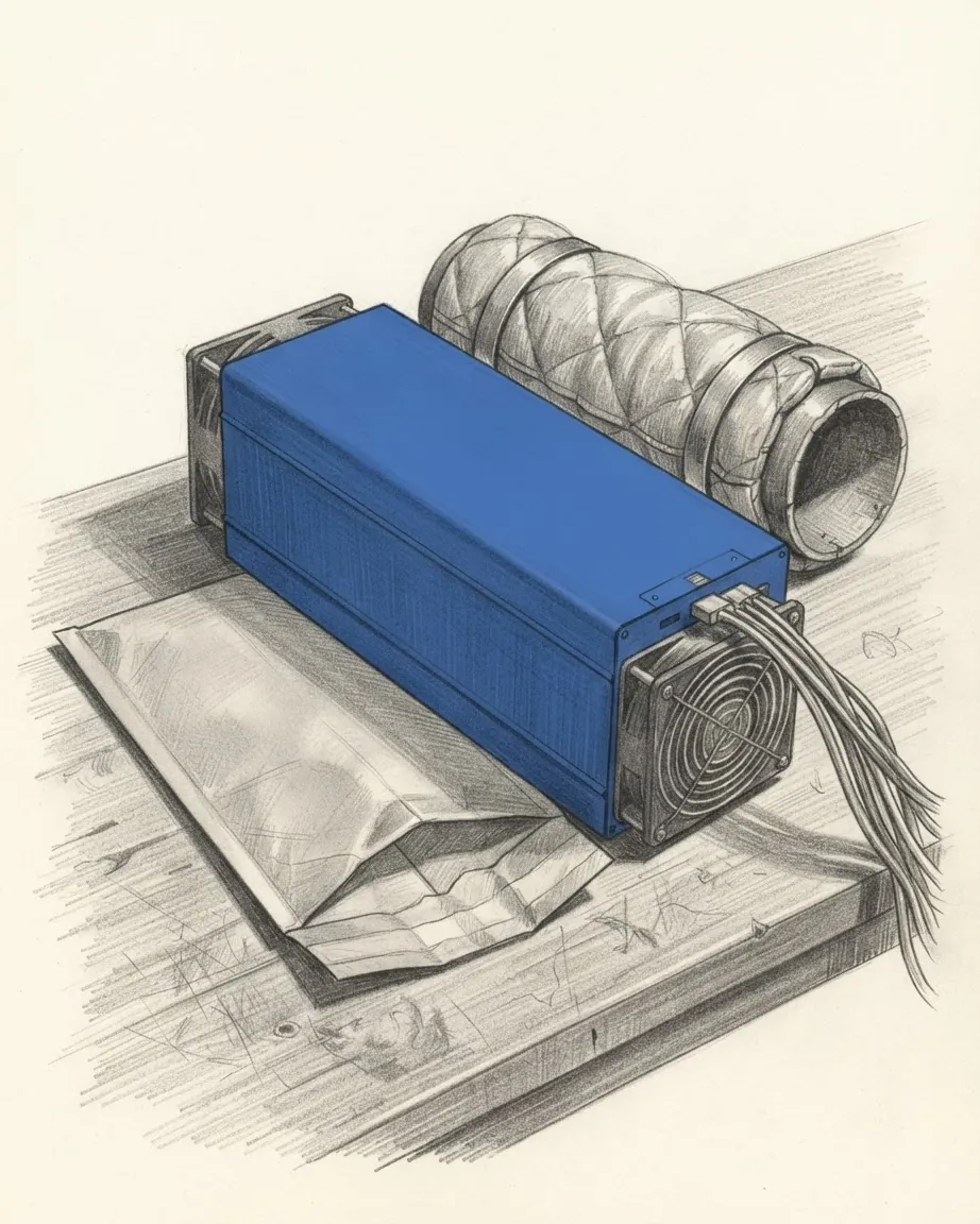 Pencil drawing of a bitcoin mining machine in a blue sheet-metal case with a cooling fan in each end and a bundle of cables trailing out, a length of steam pipe wrapped in quilted insulation held by steel bands behind it and an empty padded envelope tucked under its front, on a wooden bench.