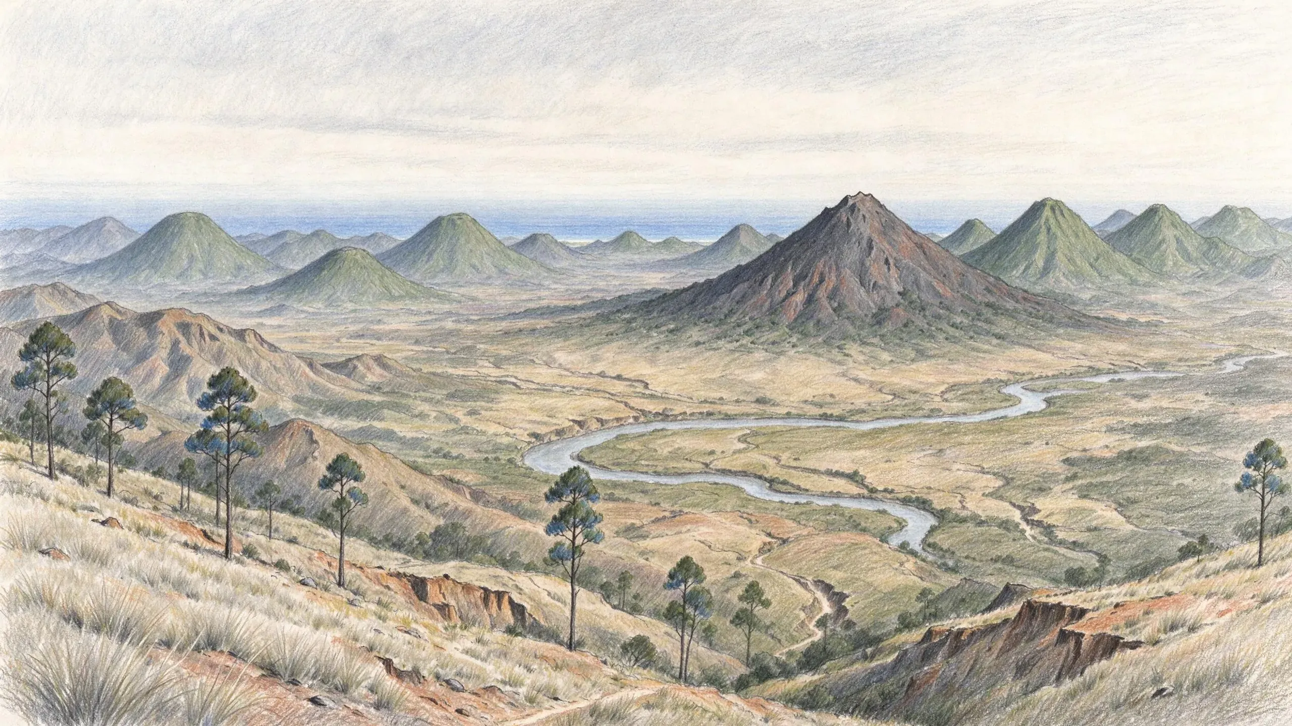 Coloured pencil drawing looking south from a dry, eroded ridge of pale grass, red earth and scattered pines over a broad plain with a river winding across it, to a line of separate volcanic cones and the sea on the horizon.