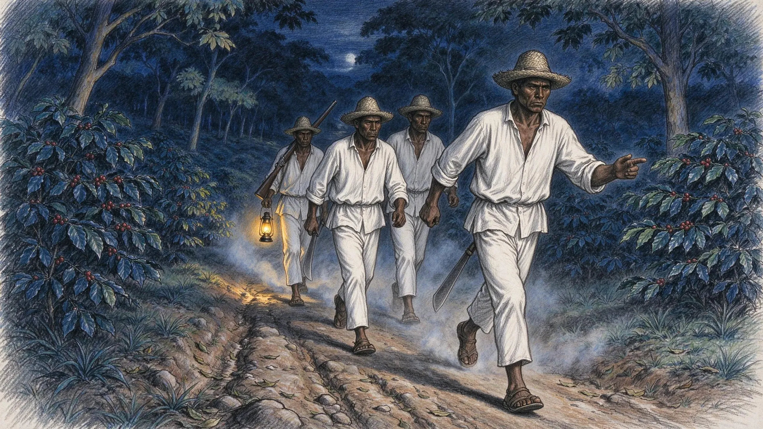 Coloured pencil drawing of four men in white cotton shirts and trousers, straw hats and sandals walking fast down a dirt road through coffee bushes at night under a moon, two carrying machetes, one an old shotgun over his shoulder and a lantern, the leading man pointing ahead.