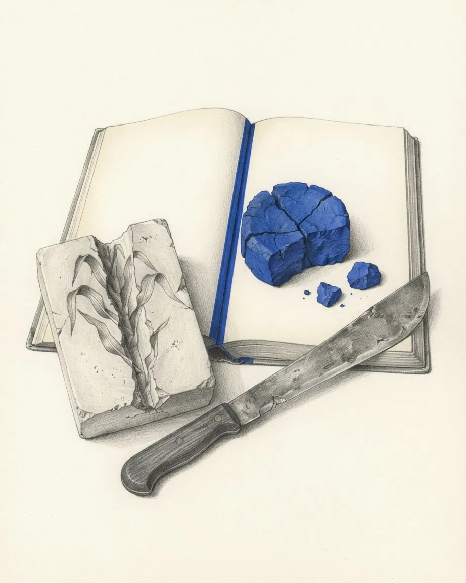 Pencil drawing of an open cloth-bound register with blank pages, a block of pale volcanic ash holding the cast of a young maize stalk, a broken blue cake of indigo dye with two small lumps beside it and a worn machete with a wooden grip laid across the lower edge.