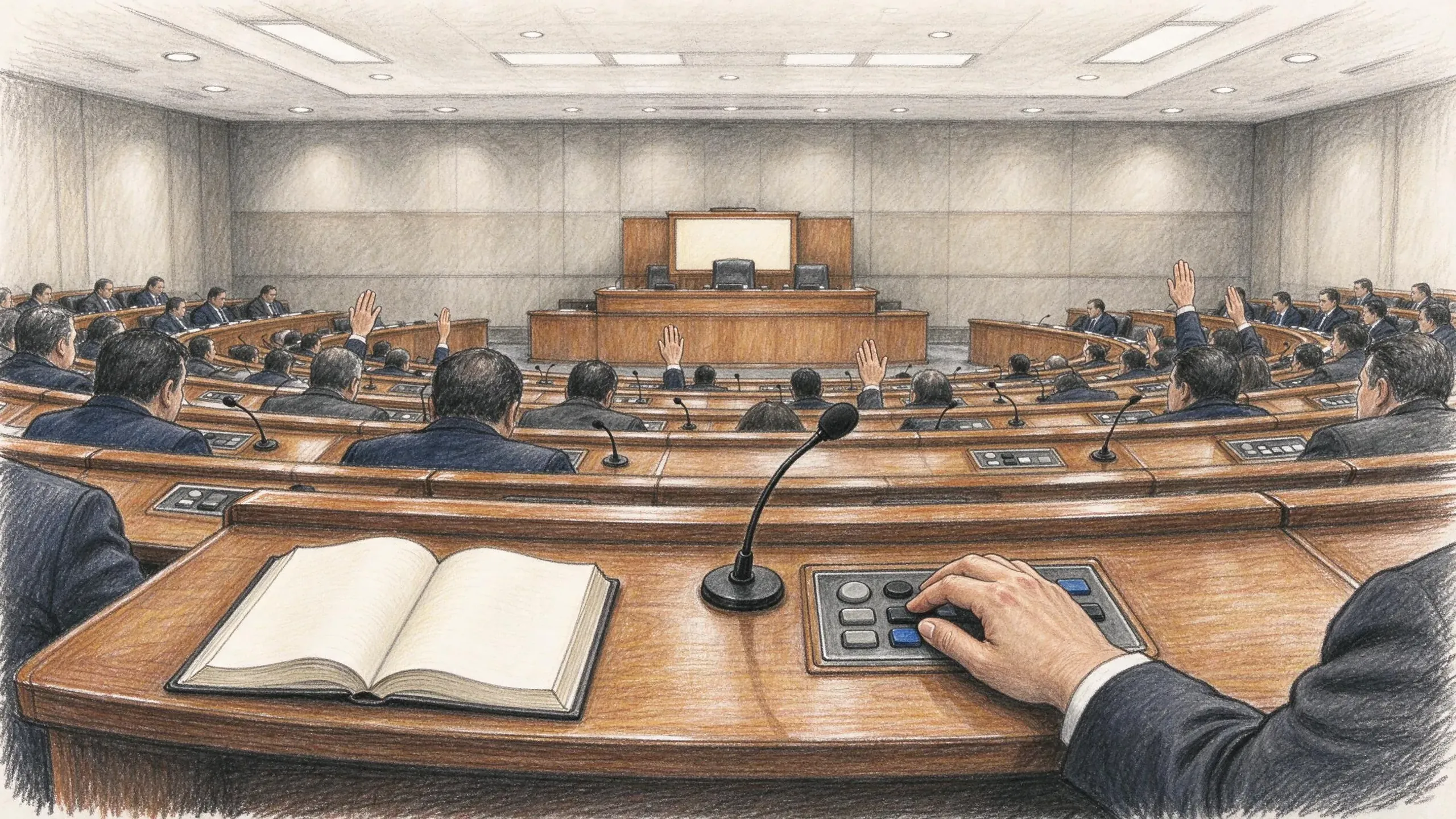 Coloured pencil drawing of a single-chamber assembly during a vote, seen from a deputy's desk with an open bound book, a gooseneck microphone and a hand on the voting buttons, curved rows of desks beyond where deputies in dark suits raise their hands, facing a raised wooden dais.