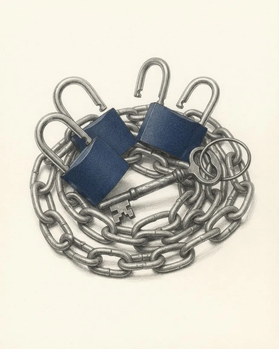 Pencil drawing of a heavy iron chain lying in a loose coil with three blue padlocks threaded on it, their shackles sprung open, and a large iron key on a ring resting across the coil.