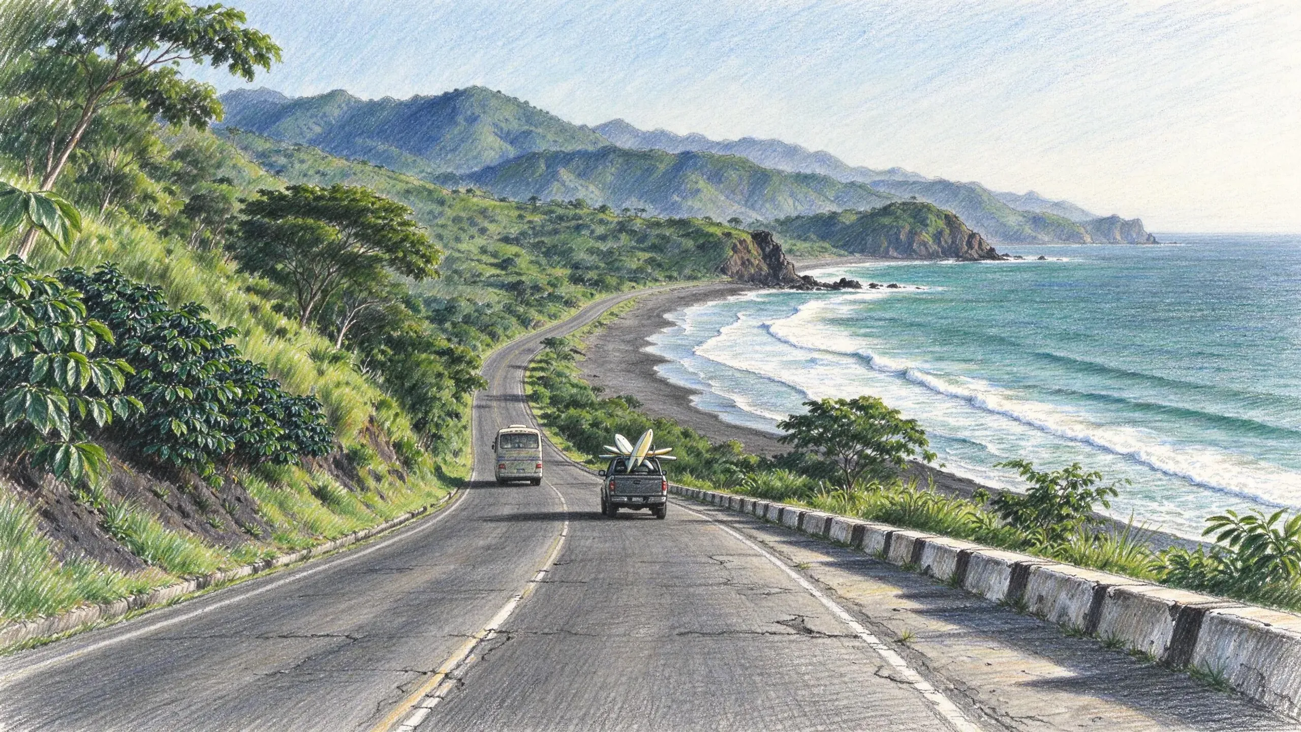 Coloured pencil drawing of a two-lane coast road curving along a steep green slope of trees and coffee, a bus and a pickup with surfboards in its bed driving away, a low concrete barrier on the right above a dark sand beach, long lines of surf and a rocky headland.