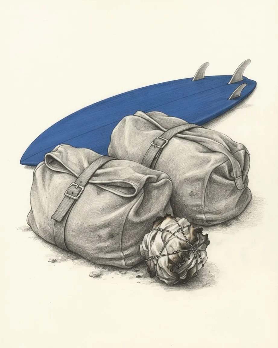 Pencil drawing of a blue surfboard with three fins lying behind two bulging canvas holdalls, each strapped shut with one buckle, and a ball of rags bound with wire and scorched black at the edges on the ground in front of them.